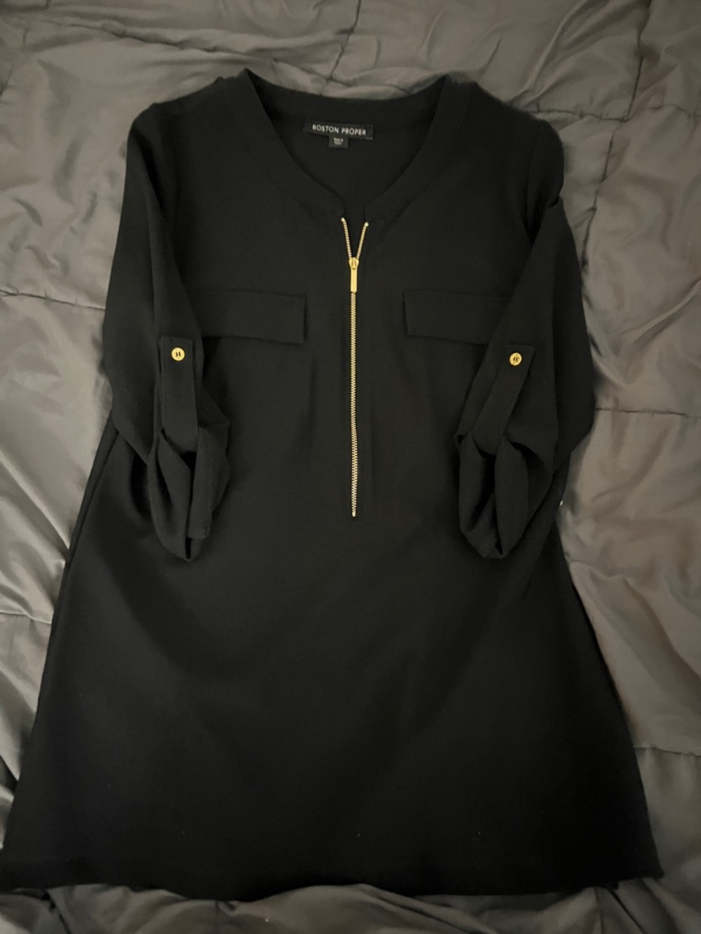 Boston Proper Black Top with Gold Zip Detail